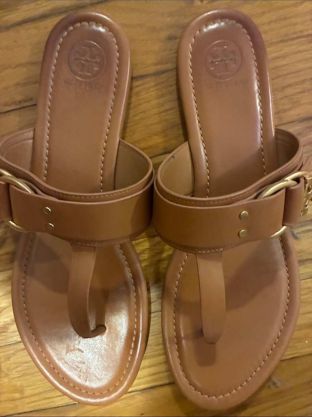 Used Tory Burch Brown Leather Toe-Loop Slide Sandals in excellent condition